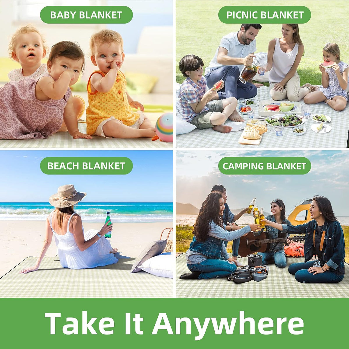 ZAZE Gingham Outdoor Blanket 80x80 – Packable Waterproof Mat for Beach Days, Camping, and Patio Lounging