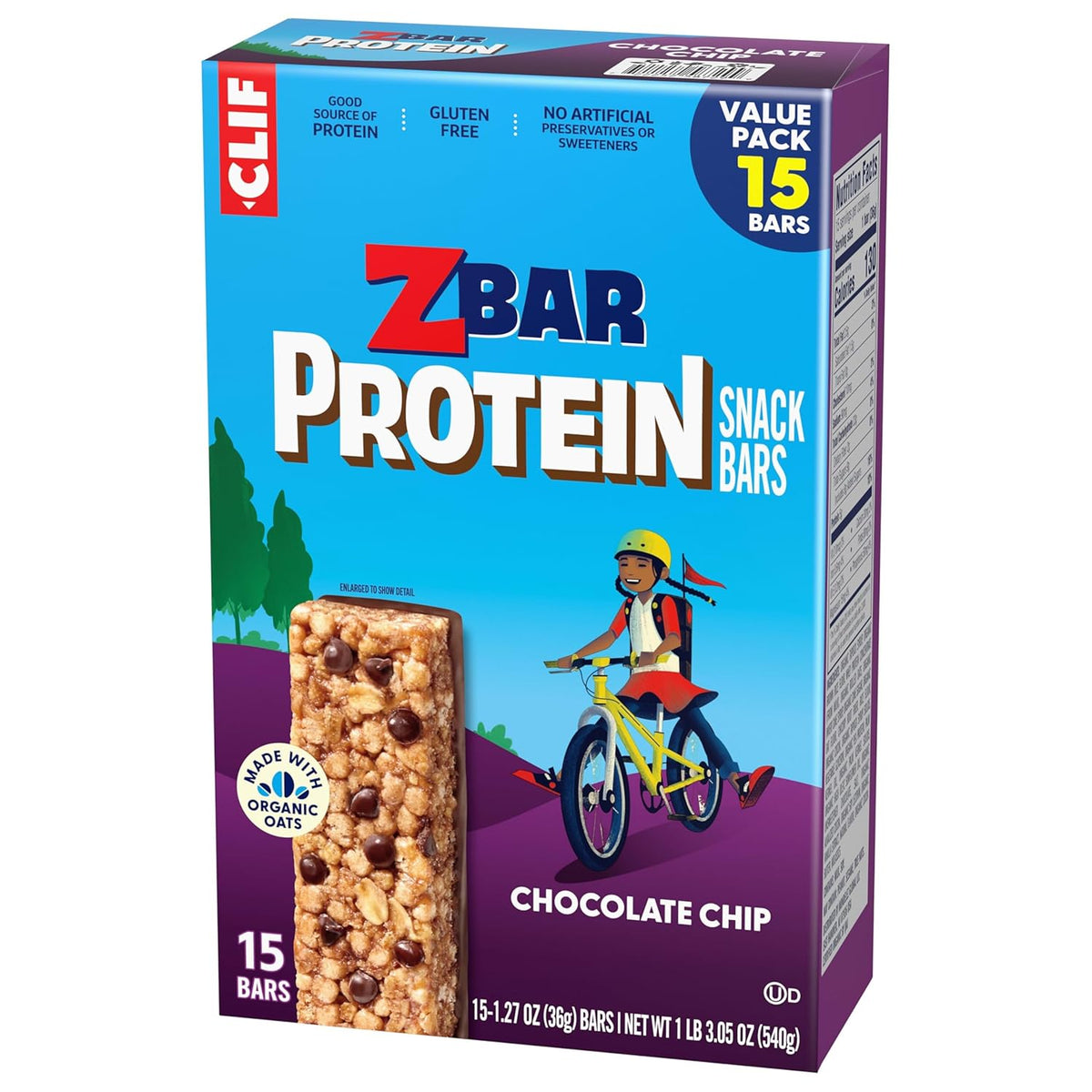 Zbar Protein Chocolate Chip - Lunchbox-Safe Kids Snack Bars Made with Organic Oats, No HFCS or Artificial Sweeteners (15 Pack)