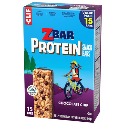 Zbar Protein Chocolate Chip - Lunchbox-Safe Kids Snack Bars Made with Organic Oats, No HFCS or Artificial Sweeteners (15 Pack)