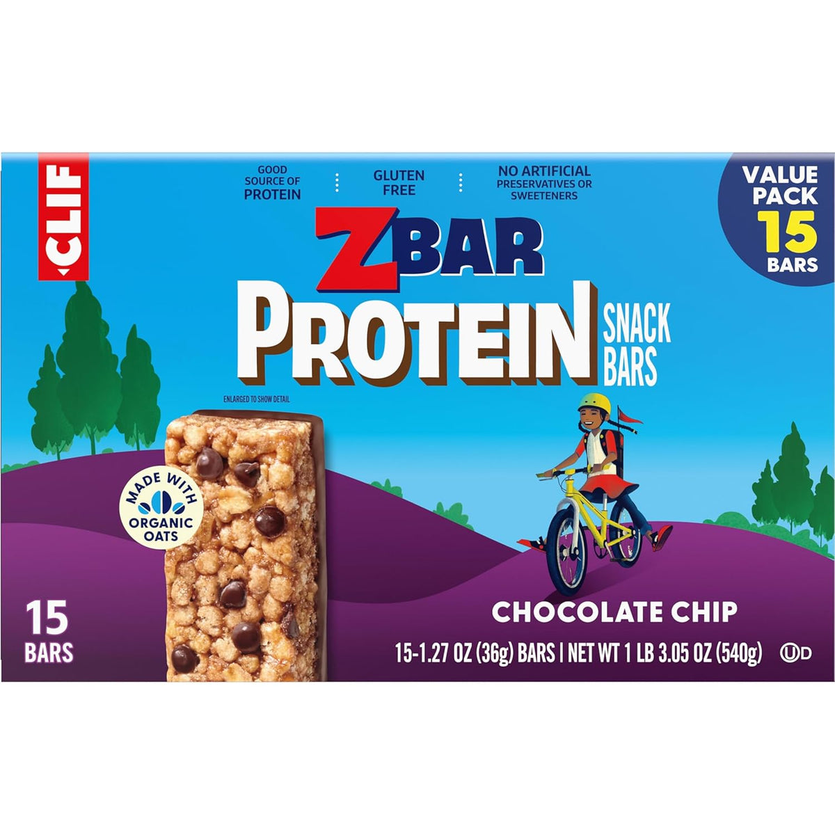 Zbar Protein Chocolate Chip - Lunchbox-Safe Kids Snack Bars Made with Organic Oats, No HFCS or Artificial Sweeteners (15 Pack)