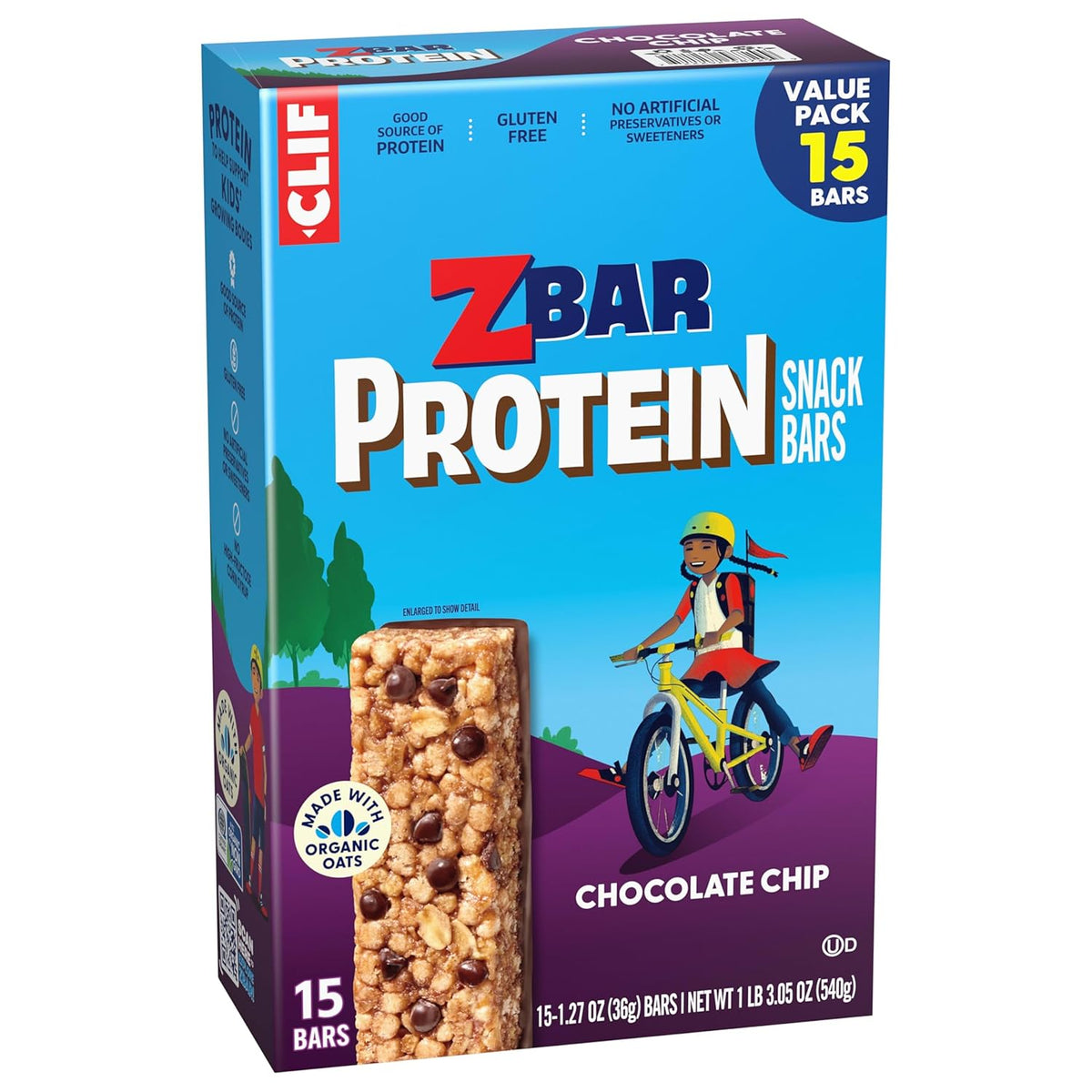 Zbar Protein Chocolate Chip - Lunchbox-Safe Kids Snack Bars Made with Organic Oats, No HFCS or Artificial Sweeteners (15 Pack)
