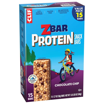 Zbar Protein Chocolate Chip - Lunchbox-Safe Kids Snack Bars Made with Organic Oats, No HFCS or Artificial Sweeteners (15 Pack)